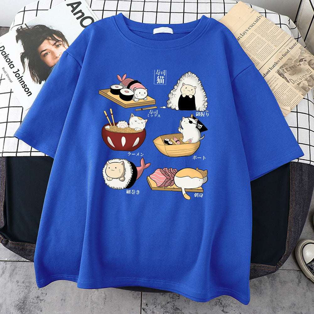 H Cute Cat Sushi Cartoon Style Mens Cotton Short Sleeve
