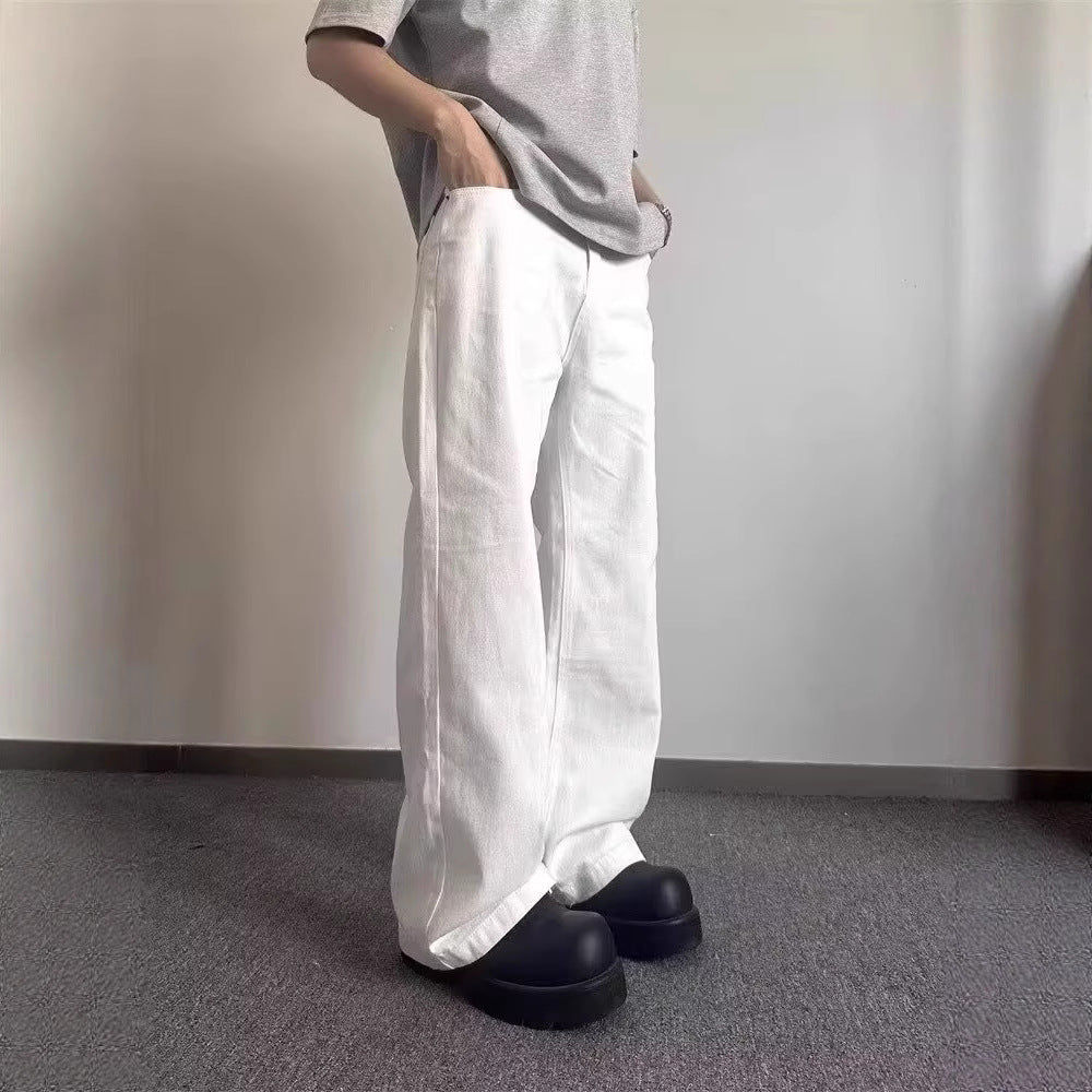 High-grade Loose Straight Wide Leg American High Street White Jeans Men
