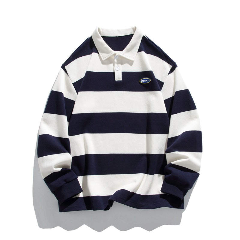 Striped Matching Hong Kong Style Pairs Of Pearl Cotton Sweater Lapel Polo Shirt