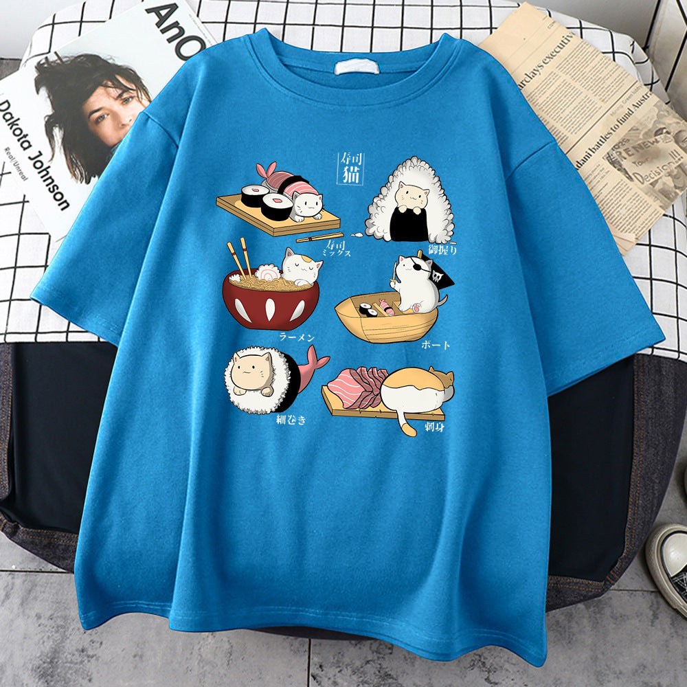 H Cute Cat Sushi Cartoon Style Mens Cotton Short Sleeve