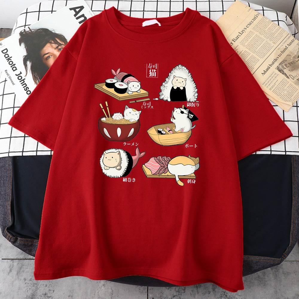H Cute Cat Sushi Cartoon Style Mens Cotton Short Sleeve