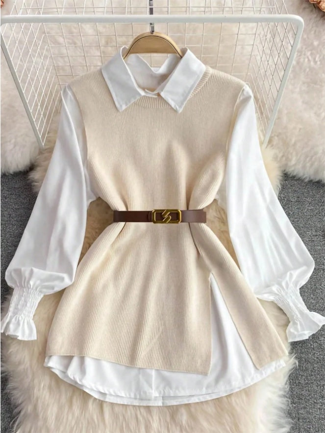 Women Vintage Apricot Split Hem Rib Knit Vest