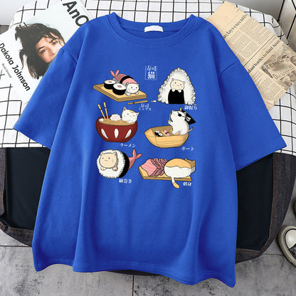 H Cute Cat Sushi Cartoon Style Mens Cotton Short Sleeve