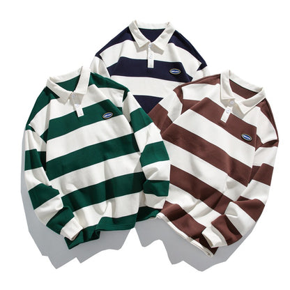 Striped Matching Hong Kong Style Pairs Of Pearl Cotton Sweater Lapel Polo Shirt
