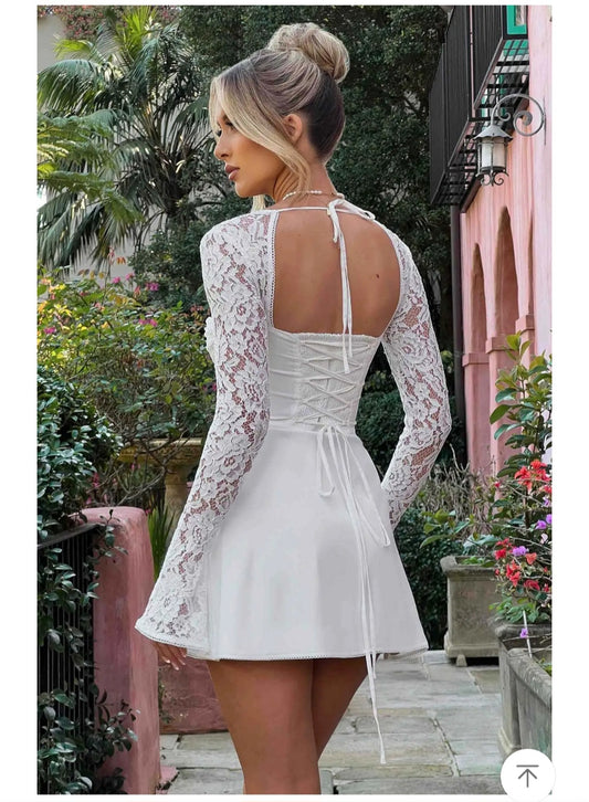 Y2K  Lace Long Sleeve Dress Fashion Sexy Corset Backless Lace Up Short Dresses Womens Clothing