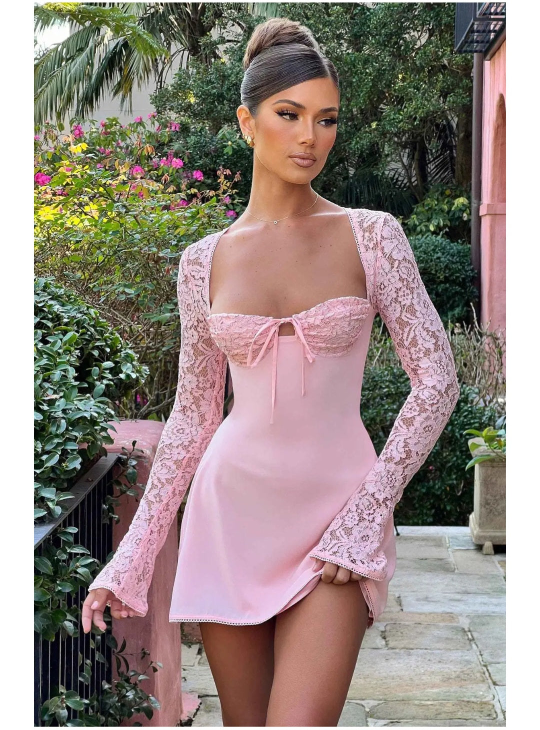Y2K  Lace Long Sleeve Dress Fashion Sexy Corset Backless Lace Up Short Dresses Womens Clothing